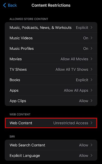 Restrict web content